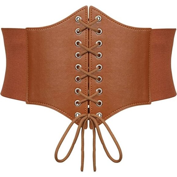 Brown Leather Elastic Wide Stretch Belt Corset Top Halloween Cosplay Costume NWT - Picture 1 of 8